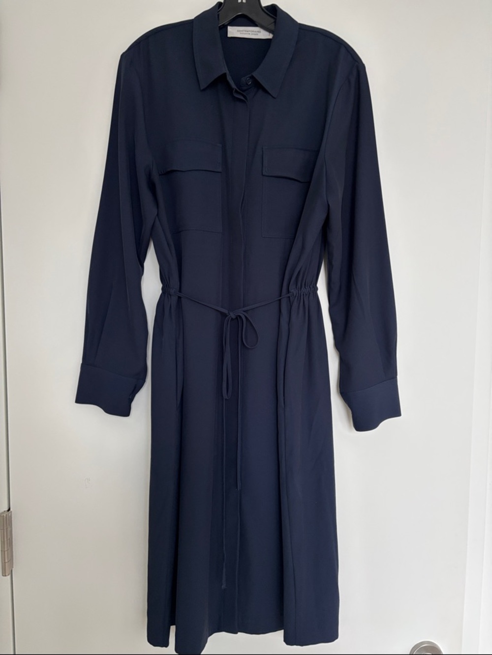 Simons Navy Long-Sleeve Shirt Dress with Tie Waist
